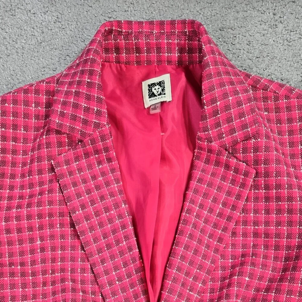 Anne Klein Pink Plaid Tweed Look One Button Blazer Barbie Office Preppy